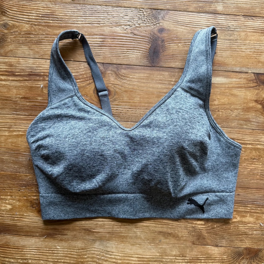 Puma Womens Gray Heathered Seamless Adjustable Strap Sports Bra Size Large EUC